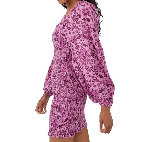 NWT Free People Mini Dress Long Sleeved Bodycon Floral Purple Magenta Size Small - Picture 4 of 14